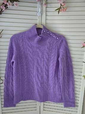 Charter Club Lavender Cable-Knit Mock Neck Sweater with Button-Shoulder Cashmere
